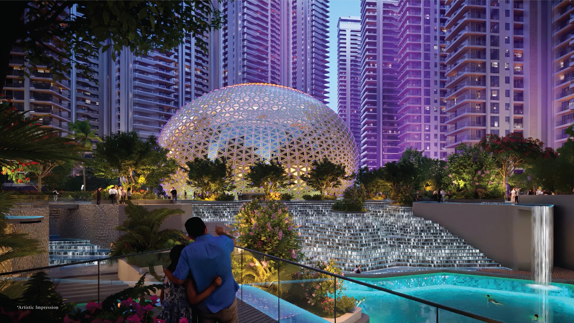 The Billionaire Club with illuminated waterfalls