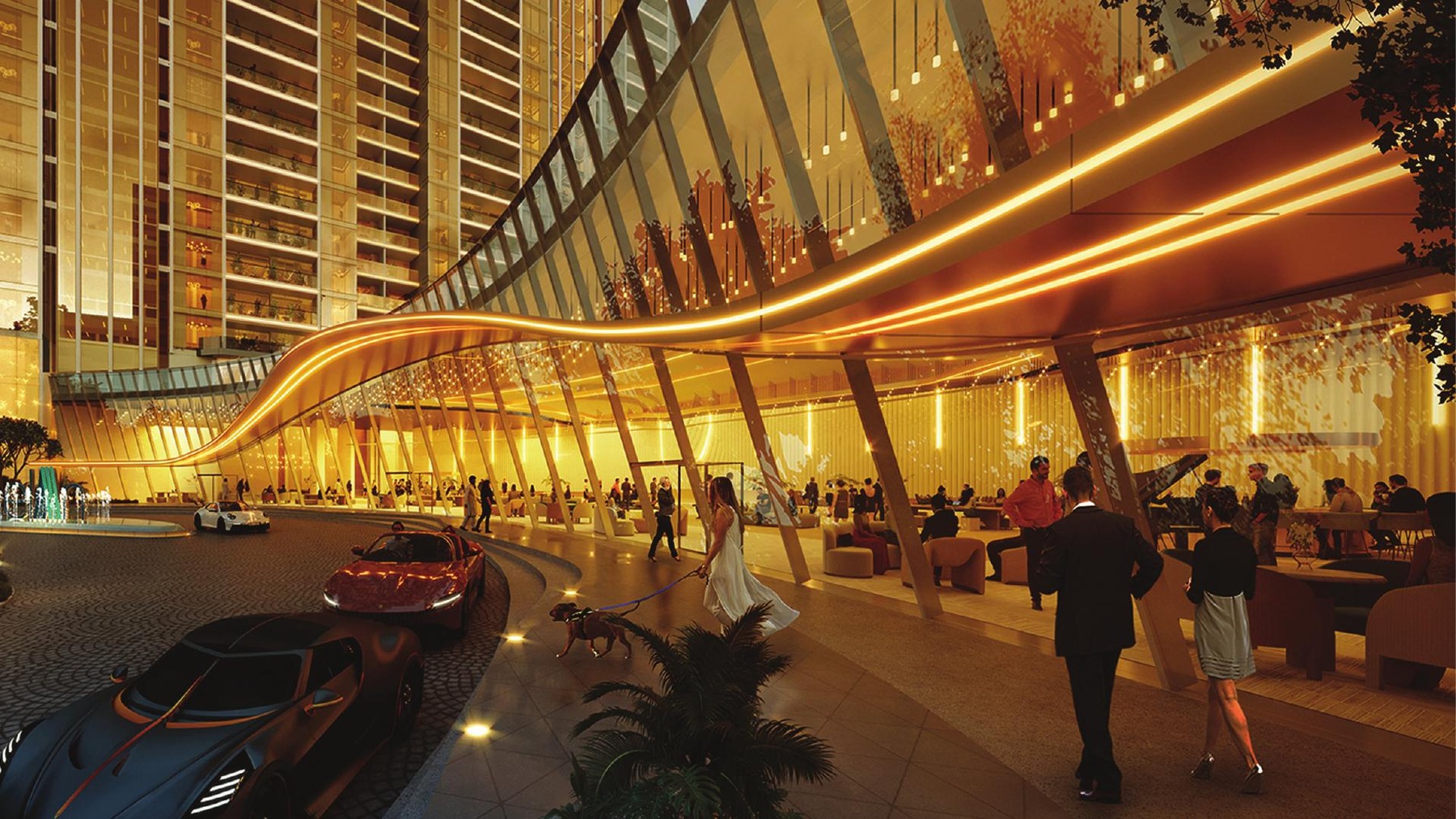 Clubhouse and arrival plaza at Elan The Statement