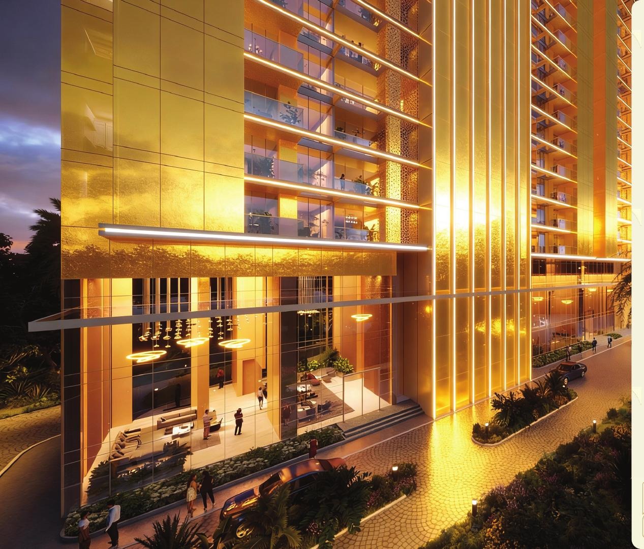 Golden glass facade at Elan The Statement