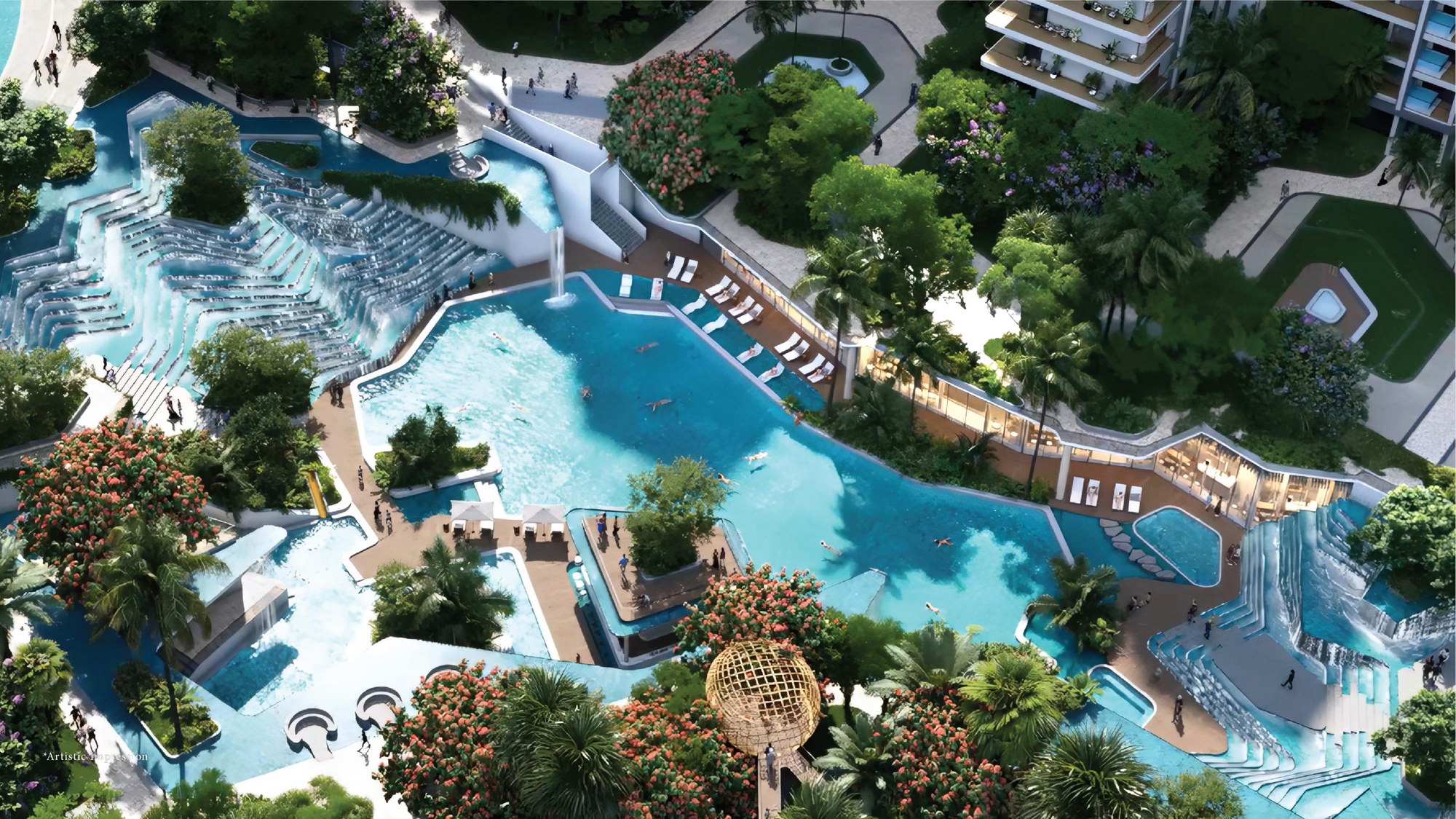 Aerial view of the landscaped pools and gardens at Elan The Emperor
